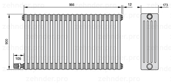Схема (чертеж) Радиатор Zehnder Charleston 5090/21 №V004 Белый глянцевый RAL 9016
